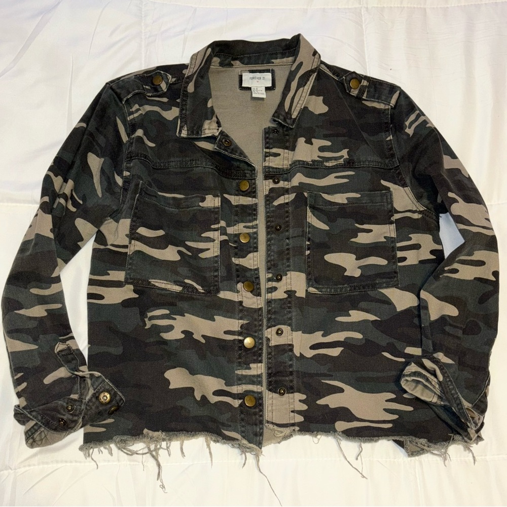 Distressed camo light weight denim jacket